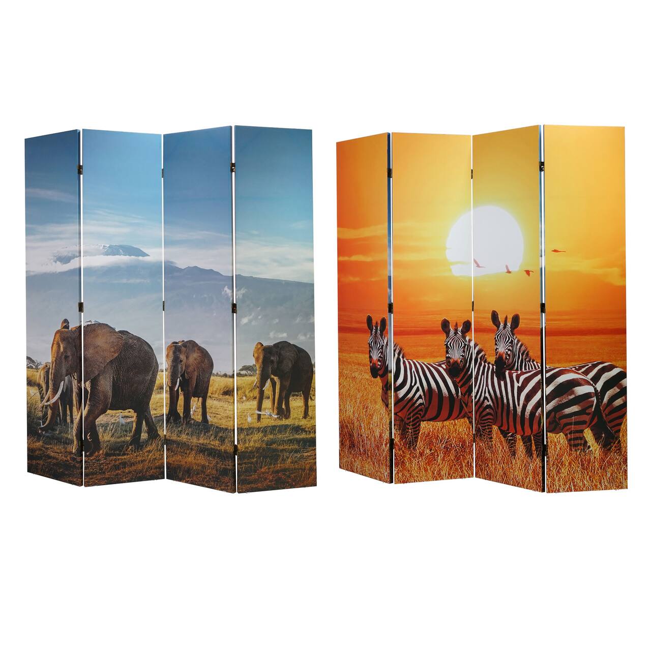 American Art Decor™ 6ft. Double-Sided 4-Panel African Elephants & Zebras Animals Canvas Privacy Screen
